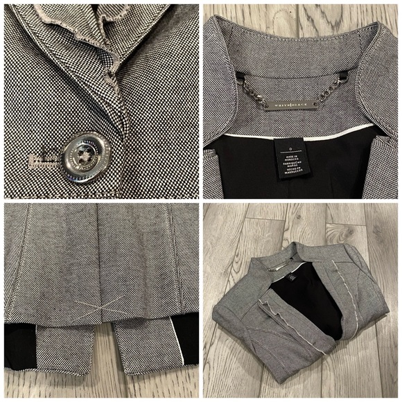 White House Black Market Blazer Size 0 Career Work Jacket Gray Ruffle Trim - Picture 6 of 15
